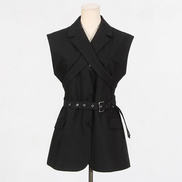 Black Blazer for Women - Simple Spring Autumn Sleeveless Belt Collared Design